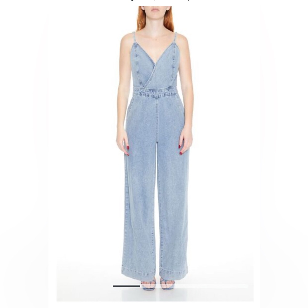 Denim Surplice Wide-Leg Jumpsuit